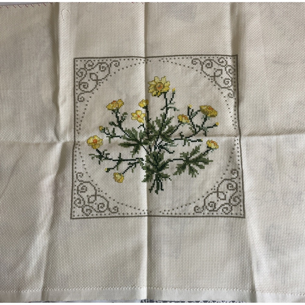 Vintage Handmade Cross Stitch Panels Flowers 23"x19" Unframed Large